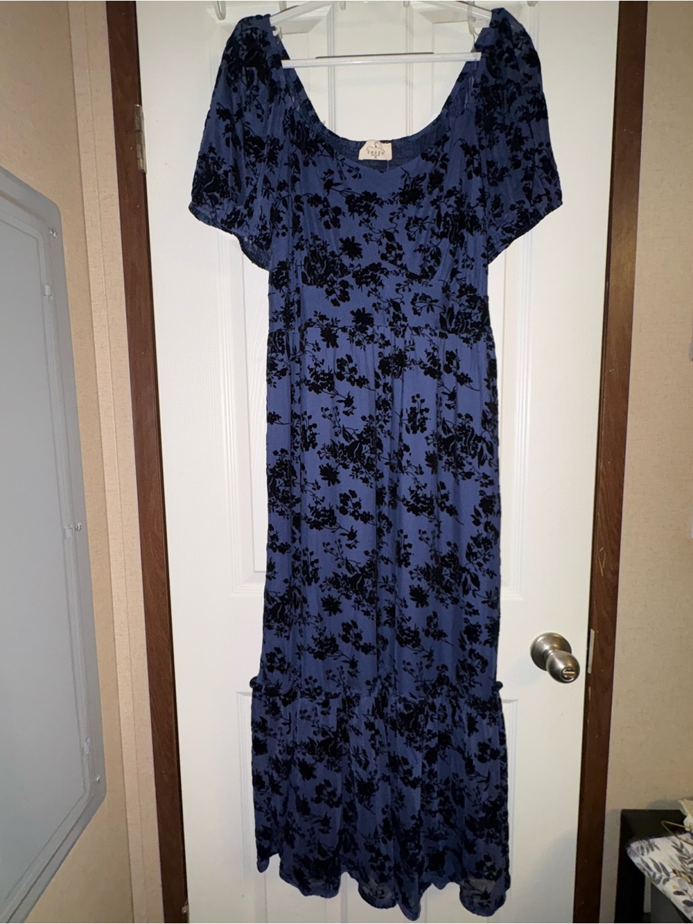 Navy Blue Floral Velvet-Print Maxi Dress